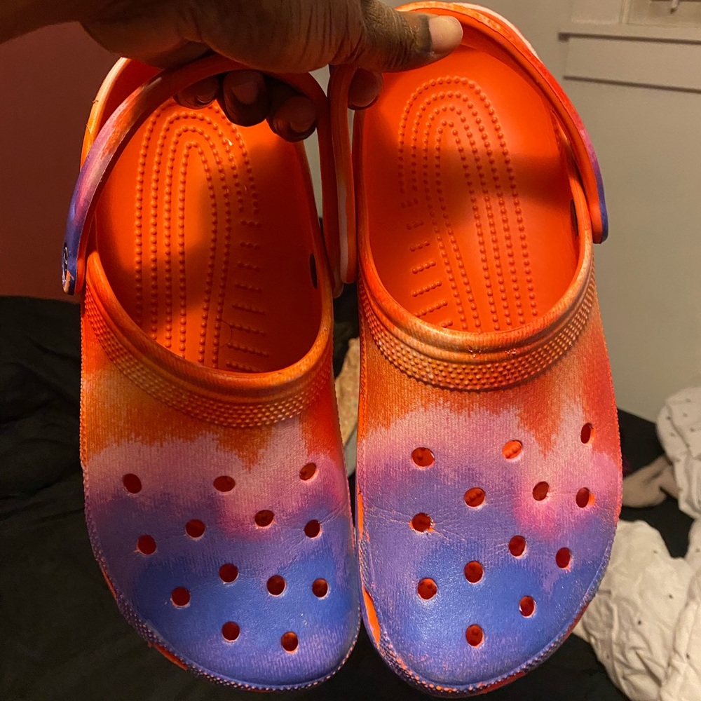 RARE sunset crocs, Woman’s size 10, Mens size 12